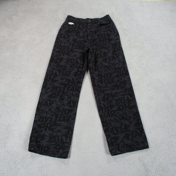 H&M No Fear Pants Womens 8 Black Wide Leg Loose Fit Twill All Over Print 29 x 31 - Picture 1 of 16